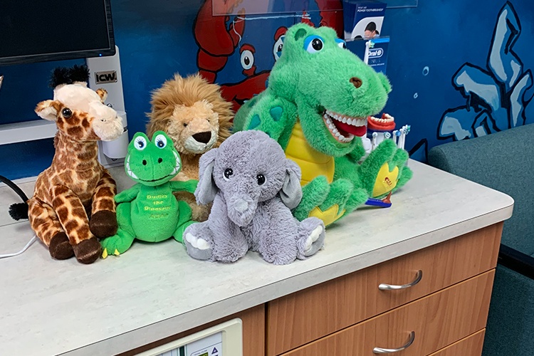 Plushy toys for kids in dental office